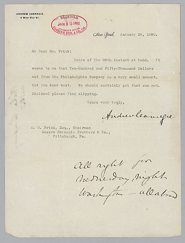 Writing from New York, Carnegie talks about a two hundred fifty thousand dollar net from the Philadelphia Company. Enclosed clippings of are not present
