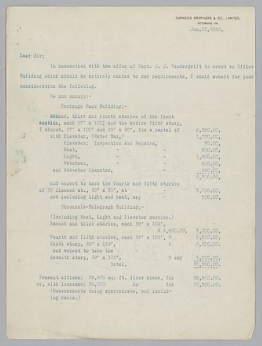 Lovejoy provides financial figures detailing the associations expenditures at their office buildings, the Exchange Bank Building and Chronicle Telegraph. Attached to Henry Clay Frick to Andree Carnegie, January 22, 1892