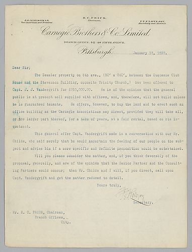 Mr. Lovejoy informs [Frick] of a real estate purchase by a Captain J.J. Vandergrift on Sixth Avenue in Pittsburgh and his offer to build their association a new office building, to rent for a set number of years. Letter attached to Henry Clay Frick to And