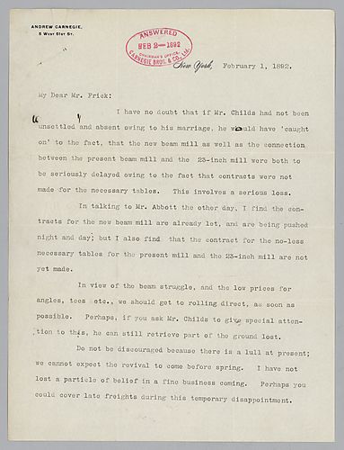 Carnegie writes from New York and discusses the matter of the "new beam mill" and refers to a future trip to California with Frick accompany him