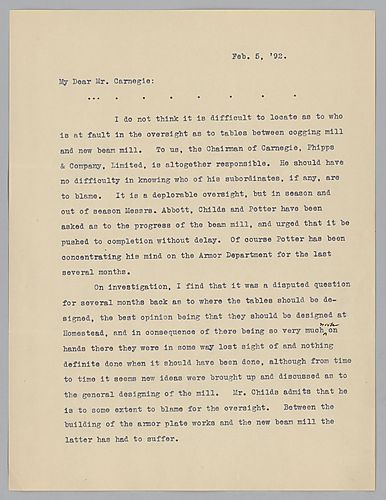 Frick writes to Carnegie in New York and assumes responsibility for an oversight at the "cogging mills and new beam mill", and also discusses the production of armor