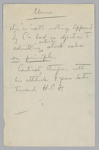 A memo that refers to Carnegie having "no actual objection to admitting stock value on principle an also states, "contrast therefore, with his attitude 7 years later towards H.C.F."