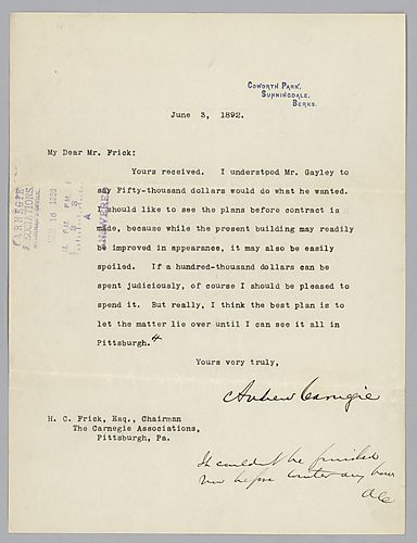 Writing from Coworth Park, Sunnidale, Berks, [England], Carnegie discusses updating the "present building" in appearance and letting the matter lie until he can assess the situation himself in Pittsburgh