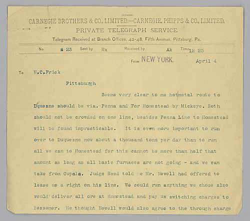 Writing from New York, Carnegie discusses railroad routes to Duquesne and Homestead
