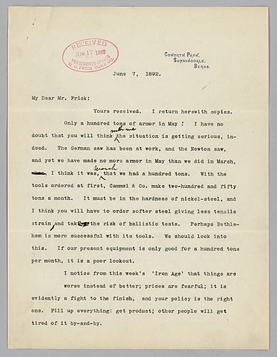 Writing from Coworth Park, Sunnidale, Berks, [England], Carnegie discusses the lack of production in their armor manufacturing and mentions the labor matter at Homestead, which he hopes, Frick will finally settle. Carnegie briefly discusses in a handwritt
