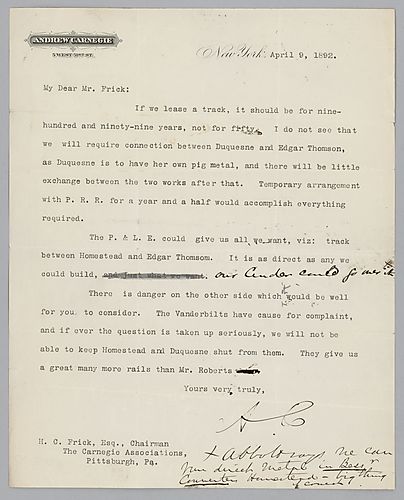 Writing from New York, Carnegie discusses rail line routes to Duquesne, Edgar Thomson and Homestead
