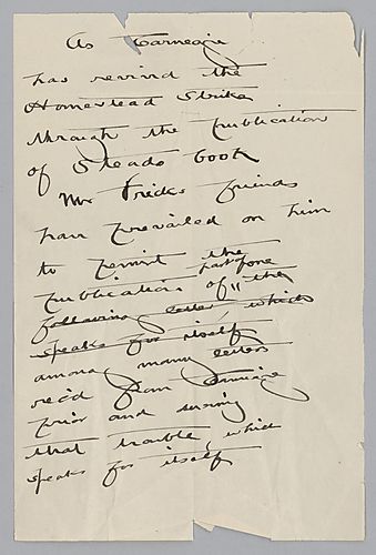 A note discussing Carnegie and Fricks reaction to Homestead strike