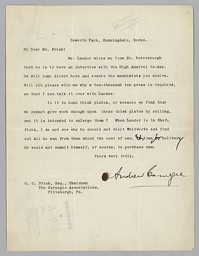 Writing from Coworth Park, Sunnidadale, Berks, [England], Carnegie discusses says that Mr. Lauder has wired him from St. Petersburg about the up coming interview with the high admiral. Carnegie requests Frick wire him about why their is a need for a ten t