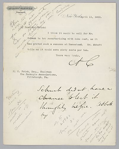 Writing from New York, Carnegie states that Mr. Schwab should try "recarbonizing" with coke dust. Several handwritten notes comment further on this subject involving Mr. Schwab
