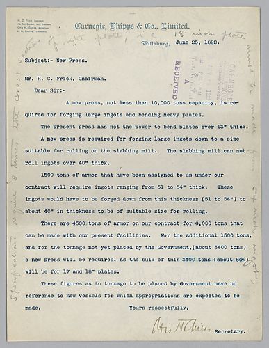 Mr. Childs indicates the need for a new press with a capacity of not less ten thousand tons, for forging large ingots down to suitable size for the production of armor. Attached to Andrew Carnegie to Henry clay Frick, June 14, 1892