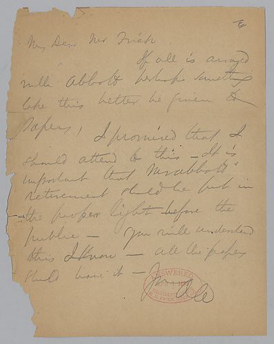 Carnegie states his belief that Mr. Abbott's retirement should be announced publicly in the papers. Attached to Andrew Carnegie to Henry Clay Frick, April 1, 1892
