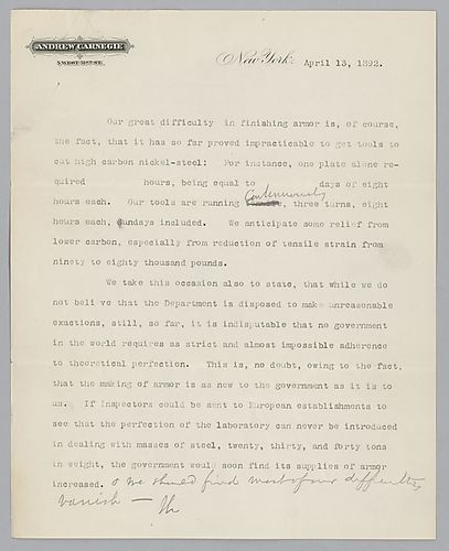 Writing from New York, Carnegie discusses the difficulties in Manufacturing armor plates fro the U.S. government
