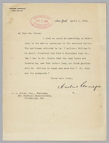 Writing from New York, Carnegie makes reference to a matter contained in an enclosed letter involving William P. De Armit, President [of] New York and Cleveland Coal Company