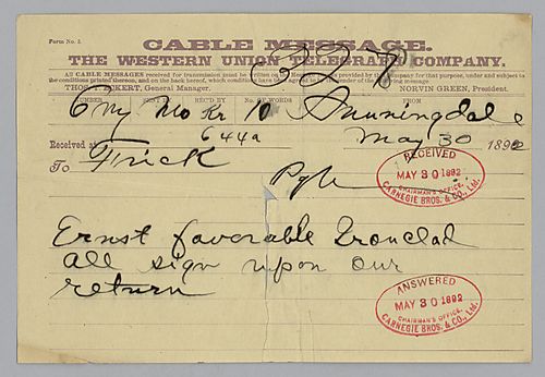 Telegram from [Coworth Park], Sunnidale, [Berks, England], stating, "Ernst favorable Ironclad all sign upon our return."