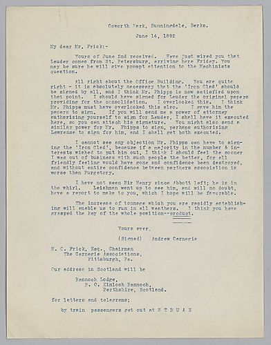 Writing from Coworth Park, Sunnidale, Berks, [England], Carnegie responds to Frick's letter of June 2nd and agrees with his assessment of the "Iron Clad Agreement" and the proposition of building of a new of building [in Pittsburgh]