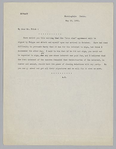 An extract of paragraph five from page two of Andrew Carnegie to Henry Clay Frick, May 30, 1892. In the paragraph Carnegie discusses the "Iron Clad Agreement."