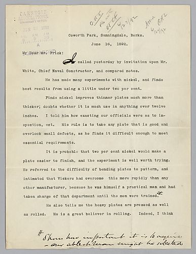 Writing from Coworth Park, Sunnidale, Berks, [England], Carnegie discusses a meeting with a Mr. [W.H.] White, Chief Naval Constructor, [British Admiralty] concerning the matter of manufacturing [armor] plates