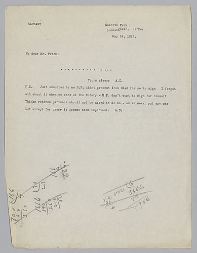 Typescript copy of the postscript only from Andrew Carnegie to Henry Clay Frick, May 23, 1892