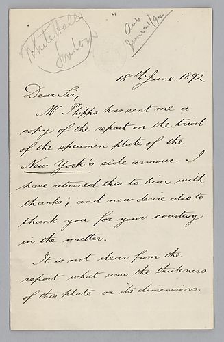 Writing from Whitehall, London, White comments on the report sent to him by Mr. Phipps on the trial test of the New York's side armor. He then proceeds to discuss the tests performed under his supervision. An illustration of armor testing is included with