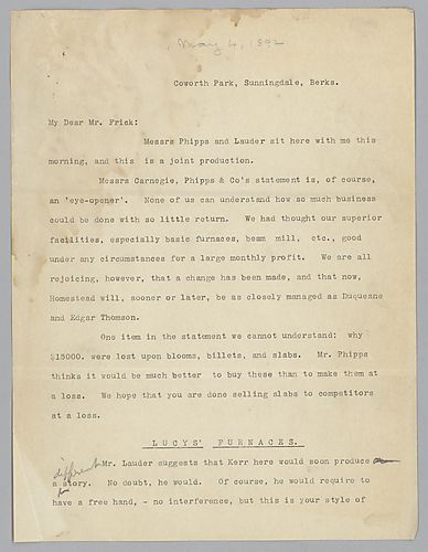 Writing from Coworth Park, Sunnidale, Berks, [England], Carnegie, Mr. Phipps, Mr. Lauder comment on a statement received from Frick about financial losses at Carnegie, Phipps and Company. They also inquire about the Philadelphia Company situation, an arra