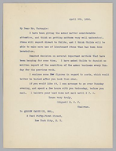 Writing to Carnegie in New York, Frick informs him on matters involving the manufacturing of armor. Attached to Henry Clay Frick to Andrew Carnegie, March 30, 1892
