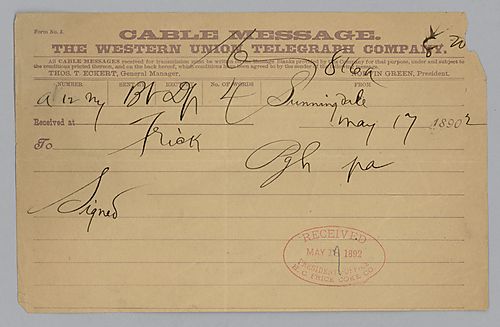 A telegram from [Coworth Park], Sunnidale, [Berks, England] which states, "Signed."