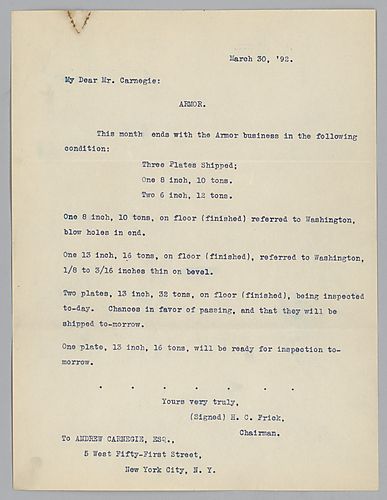 Frick writes to Carnegie in New York and reports on the condition of their armor manufacturing business in the month of March