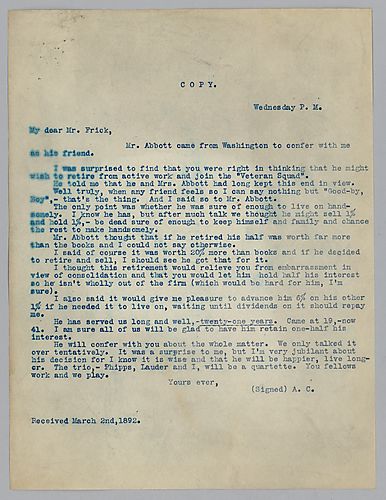 Carnegie discusses the details of Mr. Abbott's retirement. Attached to undated memo from "unspecified."