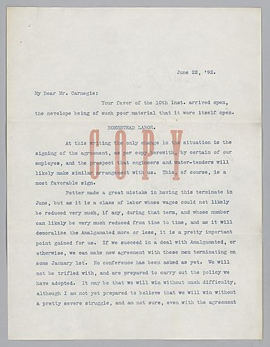 Frick discusses developments in the Homestead labor matter and predicts "a pretty severe struggle."