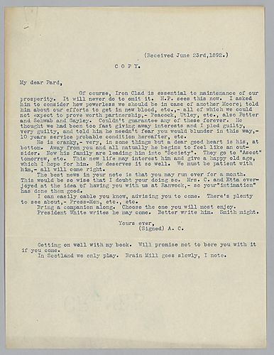 Carnegie discusses the "Iron Clad Agreement" and "H.P. [Henry Phipps]; he also mentions working and his book
