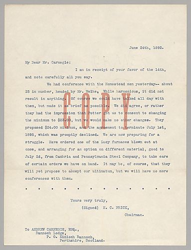 Frick writes on negotiations at Homestead and the current stalemate situation. He also details a few measures he is taking to continue productivity in spite of the standoff