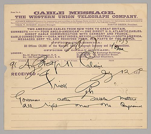 Carnegie writes from Calvine, [Scotland] to say that the Governor's intervention is okay but no compromise is acceptable