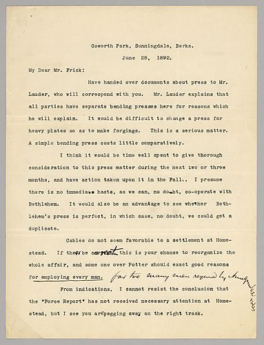 Carnegie writes from Coworth Park, Sunningdale, Berk[shire, England] on researching heavy press methods for armor plating. He mentions Homestead and his belief that Frick is "on the right track." In a handwritten post-script, he invites Frick to come over