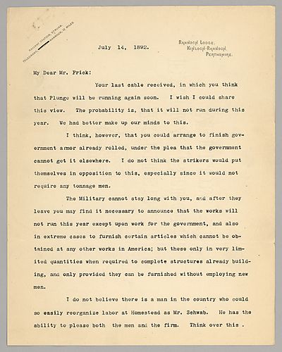 Frick writes to justify his actions at Homestead and cites the opinion of the military as proof that the strikers were in the wrong