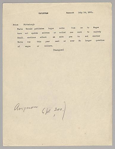 Carnegie writes from Rannoch, [Scotland] his support of Frick despite a fabricated story printed in Paris and that it is no longer a wages issue but that he is willing, if necessary, to close Homestead