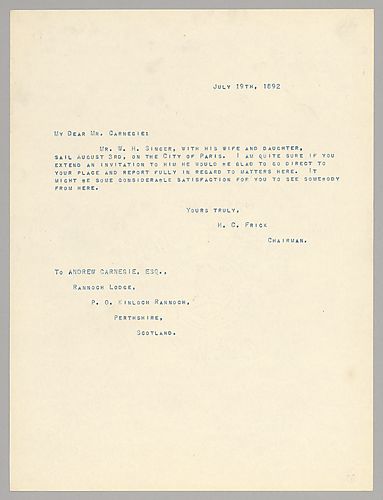 Frick writes to inform Carnegie that Mr. W. H. Singer will be traveling to Paris and that he could stop in Scotland to give an in-person update of the situation in Pittsburgh