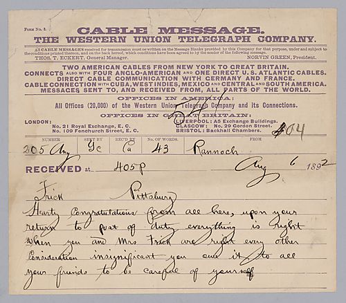 Carnegie congratulates Frick on his recovery and return to work but adds that he must take care of himself before anything else