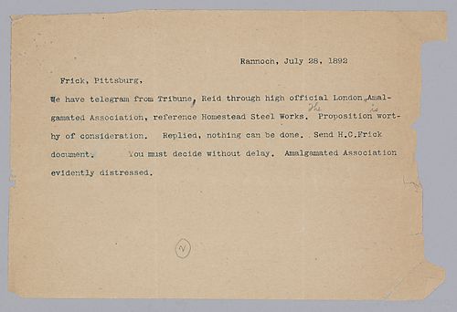 Carnegie writes from Rannoch, [Scotland] to ask Frick to decide on a proposition worthy of consideration from Amalgamated Association