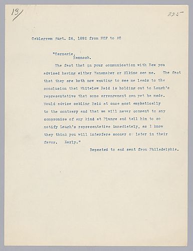 Frick writes to tell Carnegie that he should cable Mr. Reid and inform him that there is no chance of negotiating with Amalgamated Association