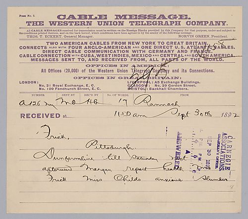 Carnegie writes his travel plans and his anxiety over the health of Mrs. Frick and Miss Childs