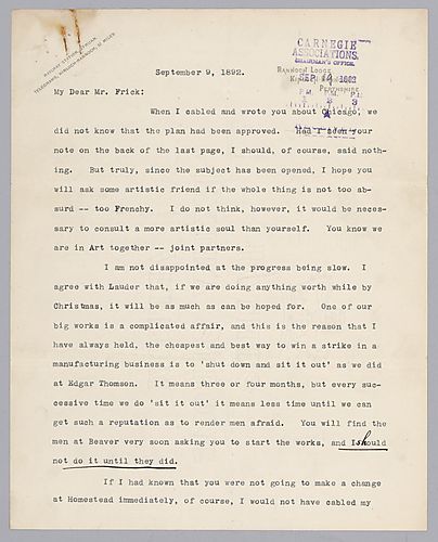 Carnegie writes about the power of patience in settling a strike and gives his support of Frick's actions. In a handwritten post-script he praises Frick for taking a break and assures him that the end will come