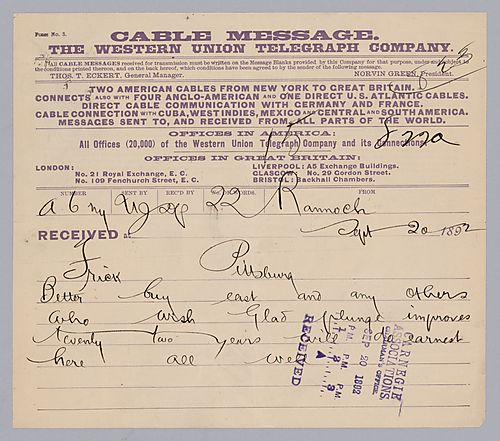Carnegie writes from Rannoch, [Scotland] to tell Frick to "buy east and any others."