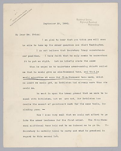 Carnegie writes on the armor contracts and the need to have a greater amount to produce in order to be profitable. He also writes of his intention to study European labor laws to gain an edge in disputes. In a handwritten post-script, Carnegie writes his 