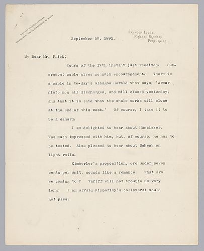 Carnegie writes on his delight at Frick's updates as well as a brief description of Carnegie's plans. In a handwritten post-script, he writes that he will be in London for a few days