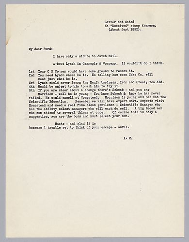 Carnegie writes on Mr. Lynch not fitting with Carnegie Brothers and Company and about the candidates to run Homestead