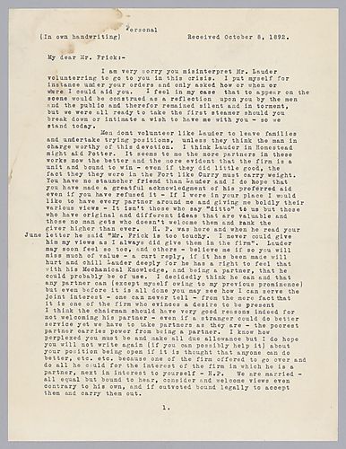 Carnegie writes to instruct Frick to accept help from other partners, or at least be grateful for the offer. He also counsels on the good ideas that could come from having another there who would say more than "ditto," and tells Frick not to be so "sensit