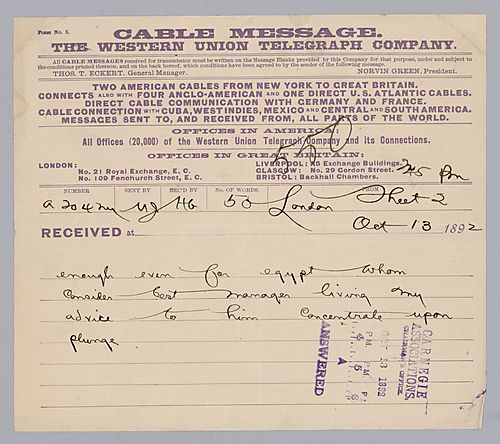 Carnegie writes from London, [England] to say to concentrate on the plunge