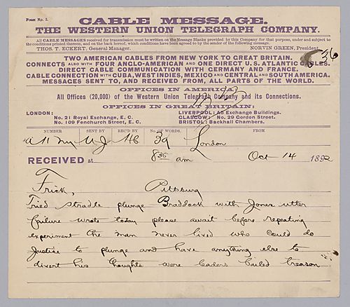 Carnegie writes from London, [England] to tell Frick that no man can have other responsibilities when in charge of the plunge
