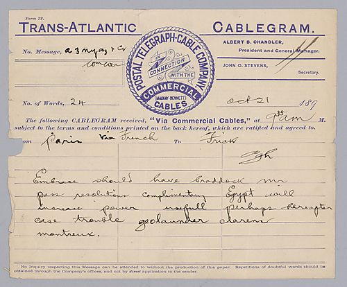 Carnegie writes from Paris, [France] on Braddock and Egypt