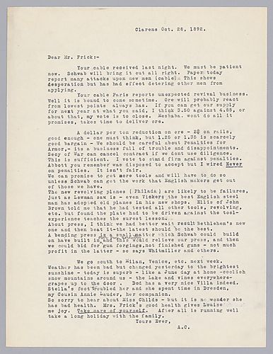 Carnegie writes from Clarens, [Switzerland] to say that Schwab will do well and that the strikers are showing desperation. He also writes on some technological endeavors he has observed in the mills in Europe